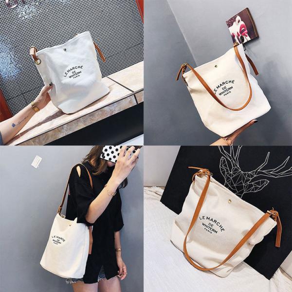 Supermarket Custom Logo Cotton Canvas Tote Shoulder Bags with Brown Leather Handles