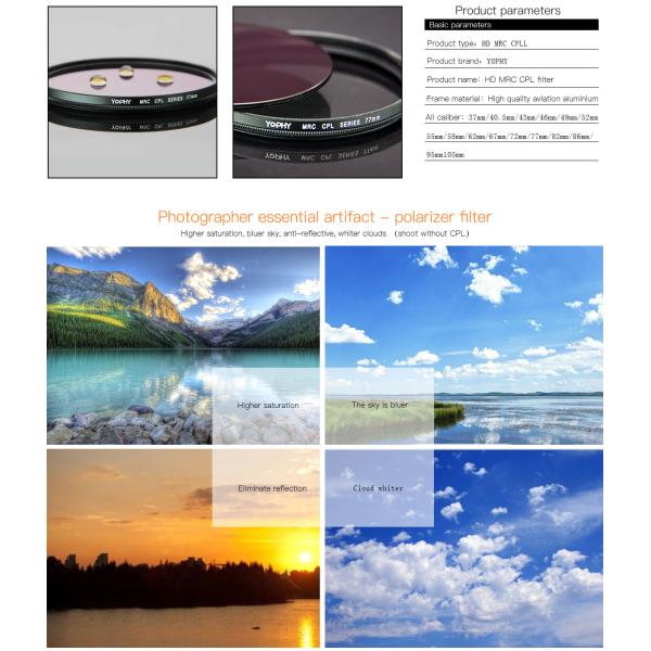 Black Polarized Lens Filter , 77mm Photography Linear Polarizer Filter