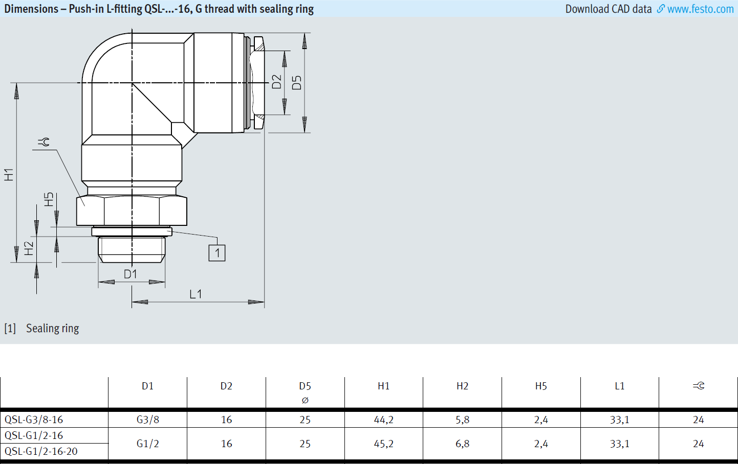 QSL-1/8-4 QSL-1/8-4-100 QSL-1/8-6 QSL-1/8-6-100 Festo QSL Series Push-in L-Fitting