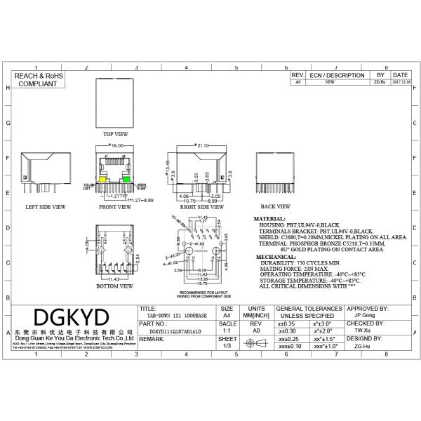 10Pin одиночное гнездо сети языка RJ45 с раковиной черноты СИД пластиковой
