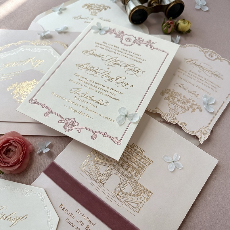Wedding Invitation Suites With Velvet Ribbon Pocket And Foil Stamping