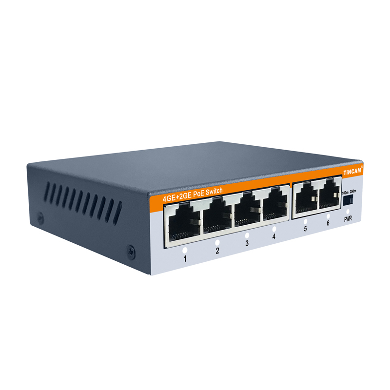 TiNCAM 4-Port Gigabit PoE Switch with 2 Gigabit Uplink Ports IEEE 802.3af/at 30W per Port VLAN 65W External Power Adapter TBC-PS5106E