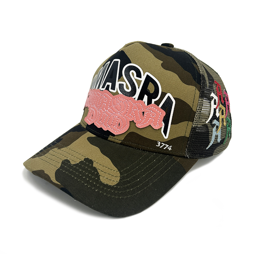 5 Panel Camo Custom Embroidery Trucker Hats Mesh Leather Silk Cotton Patch Screen Printing