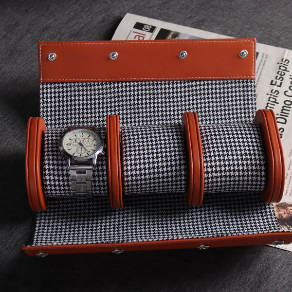 Luxurious Leather Watch Storage Organizer Travel Watch Rolls With Houndstooth Cloth