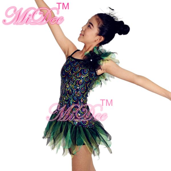 Ruffle Jazz Tap Costumes Striking Peacock One Shoulder Dress With Shredded Organza Skirt