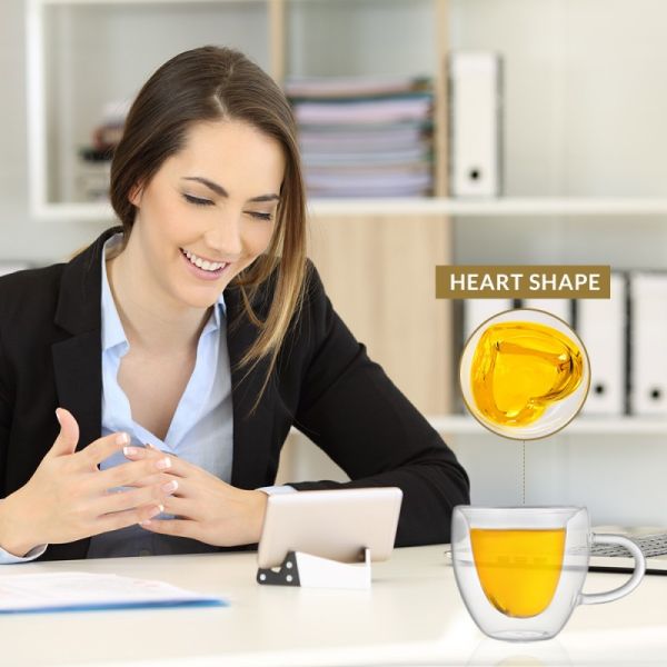 Clear Heart Shape Double Insulated Glass Mugs High Borosilicate Glass Coffee Mug