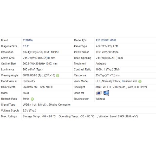 XGA 12.1In 1024×768 High Brightness Lcd Screen 800Nits P1210XGF1MA01 LVDS Interface
