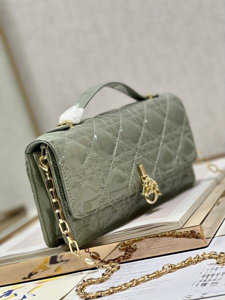 Branded Lady Dior Patent Clutch Small Pearl Black Flip Closure