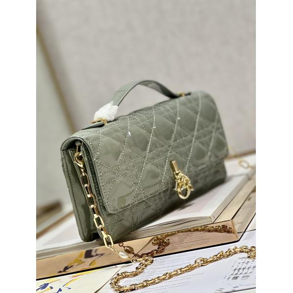 Branded Lady Dior Patent Clutch Small Pearl Black Flip Closure