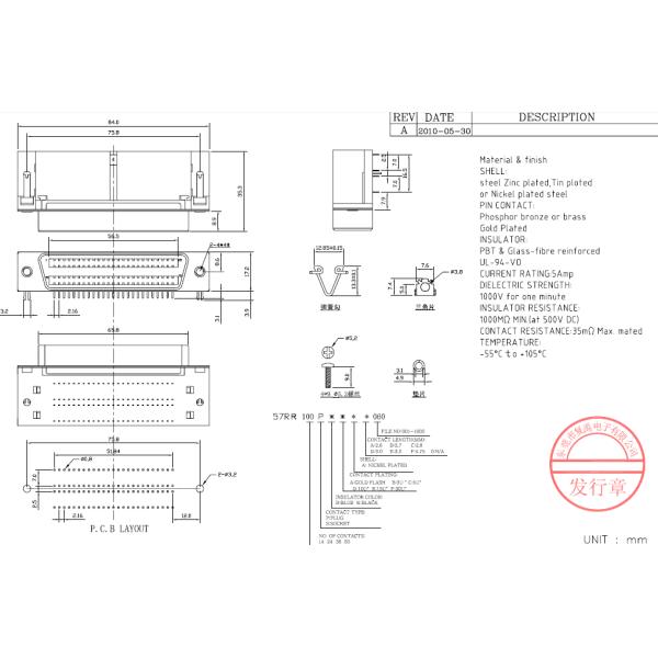 Amphonel Female 957 100 Pin PCB Mounting Right Angle Centronics Connector 2.16mm pitch