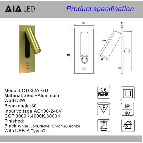 USB type-C 3W bedside reading wall light headboard wall lights hotel villa bed wall lamps rotate lamp