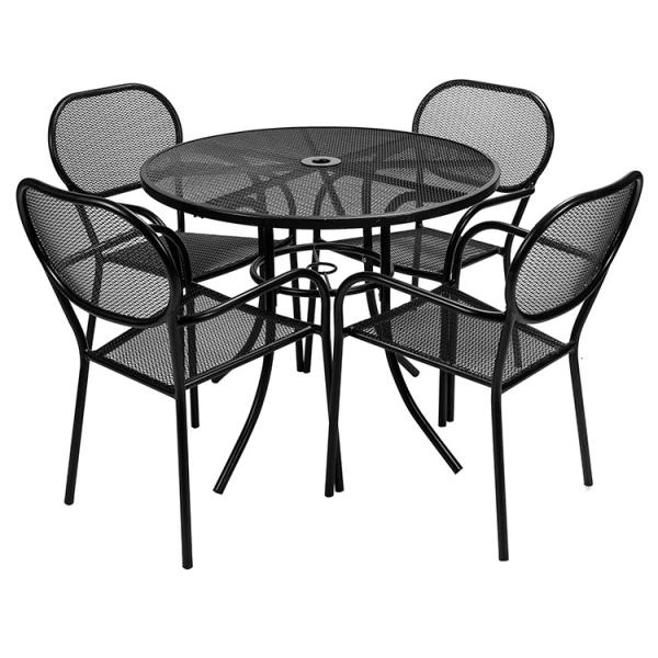 Outdoor Bistro Cafe Garden Courtyard Patio Metal Iron Round Tables And Chair Set with Umbrella Hole in Modern Design