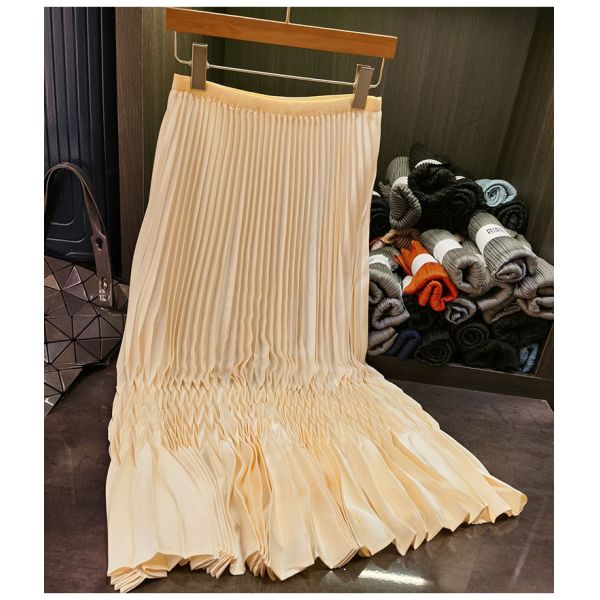Women's New Style Casual Pleated Skirt Solid Color Simple Design with Elastic Waist for Commuting for Summer