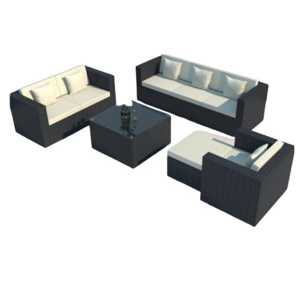 Mobiliário de jardim de pátio moderno de luxo Sofá exterior de rotinão preto Mesa de café Conjunto de cadeira de rotinão de aço Mobiliário exterior