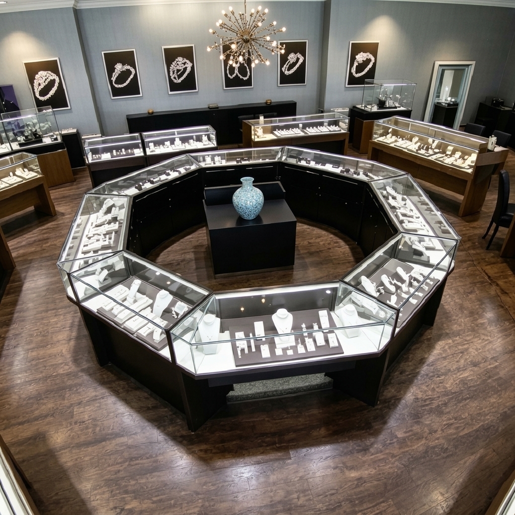 Black Octagon Combined Jewellery Counter LED Glass Display Showcase Matching Wall Cabinets Complete Jewelry Store Cabinet Kit