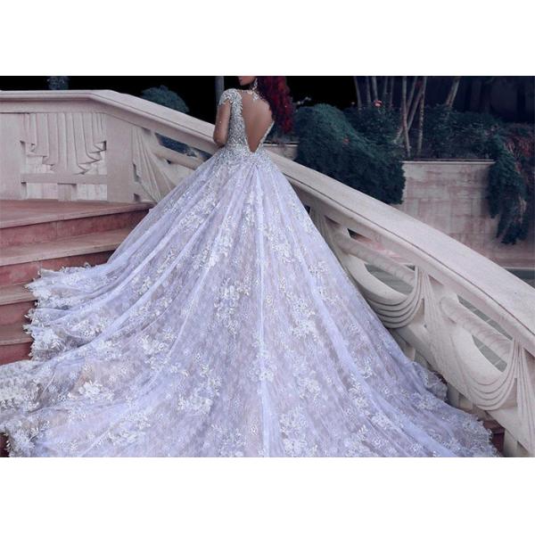 Backless Lace Long Tail Bridal Gown / Diamond Beads Silver Sequin Wedding Dress