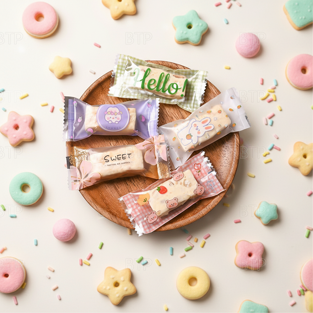MOQ 100pcs Custom Food Grade Plastic 3 Side Seal Free Sample Hot Seal Disposable Packaging for Handmade Candy Nougat Biscuit