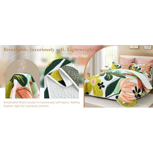 Boho Floral Quilt Sets,Mid Century Botanical Leaves Microfiber Bedding Quilts Set