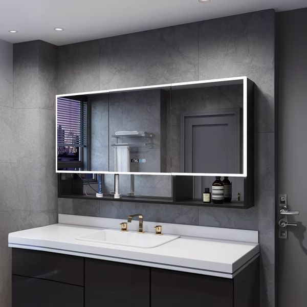 Modern Luxurious Anti-Fog Aluminum LED Bathroom Vanity Mirror Cabinet Time Display Water Resistant for Hotel Apartment Use