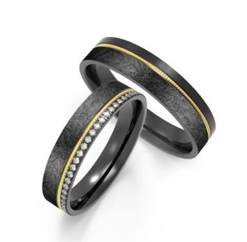Durable Polished Titanium Mens Black Wedding Band With IP Gold Encrusted Zircon