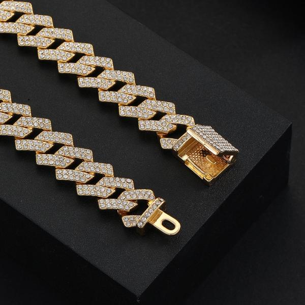 Hot Sale Hip Hop Jewelry 15mm Rhombus Cuban Iced Out White Rhinestone Miami Cuban Link Chain Choker Necklace for Women Men Gift