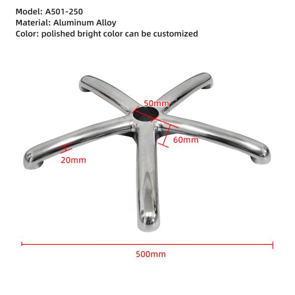 Base de chaise de bureau 5 étoiles, technologie de moulage intégré en alliage d'aluminium poli avec un diamètre de 500 mm