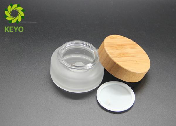 Compact Frosted Glass Cosmetic Bottles And Jars For Cream With Bamboo Lid