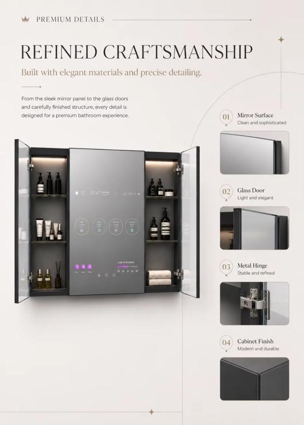 Kingstin Smart Backlit Stainless Steel LED TV Mirror Cabinet for Luxury Bathroom, 100% Custom Size Layout,