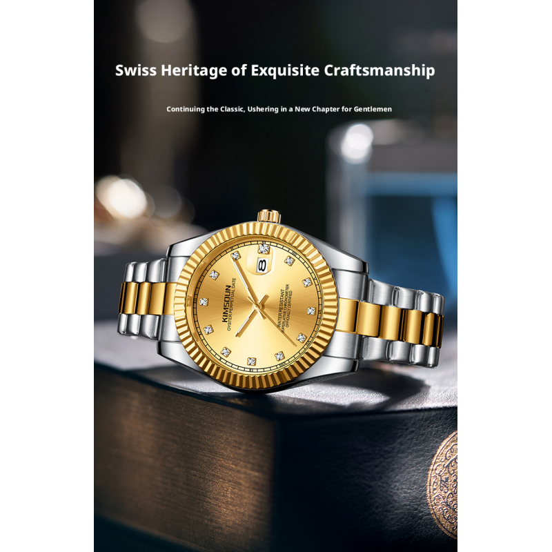 Two Tone Gold Silver Fluted Bezel Men Business Watch Stainless Steel Bracelet Calendar Luminous Waterproof Dress Quartz Wristwatch Multi Dial Colors