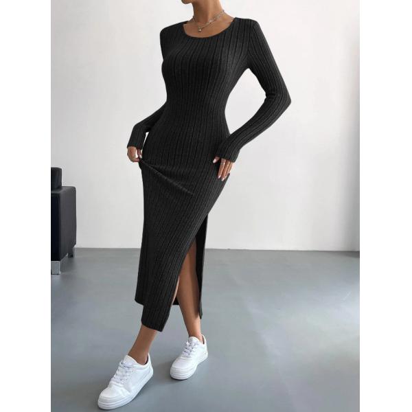2024 Autumn and Winter New Long sleeved Round Neck Split Knitted Long Dress for Women