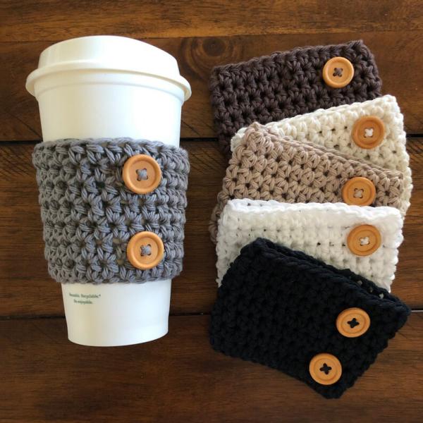 Y-Z Neutral Color Reusable Farm House Crochet Coffee Sleeve Cup Cozy with Wood Buttons