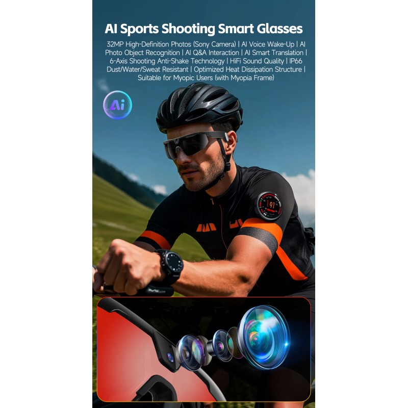 W640 AI Smart Glasses for Cycling Running & Driving-1080P Camera Voice & App Control IP66 Waterproof Magnetic Charging