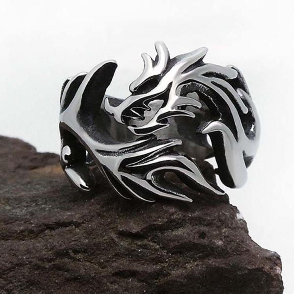 Men's Vintage Old Silver Plated Titanium Stainless Steel Dragon Ring (SA126)