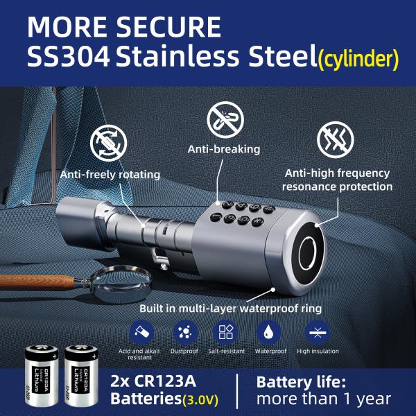 Adjustable Smart Cylinder Lock with 30~130mm Door Thickness and 1 Year Battery Life for Secure Home Office Access