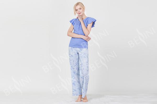 Button Placket Blue Womens Pyjama Sets Short Sleeve Top Customized Design