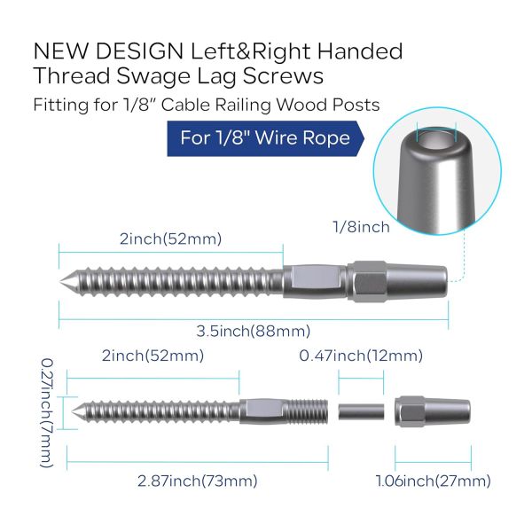 Heavy-Duty Adjustable Left & Right Handed Thread Stainless Steel 316 Swage Lag Screw for Cable Railing