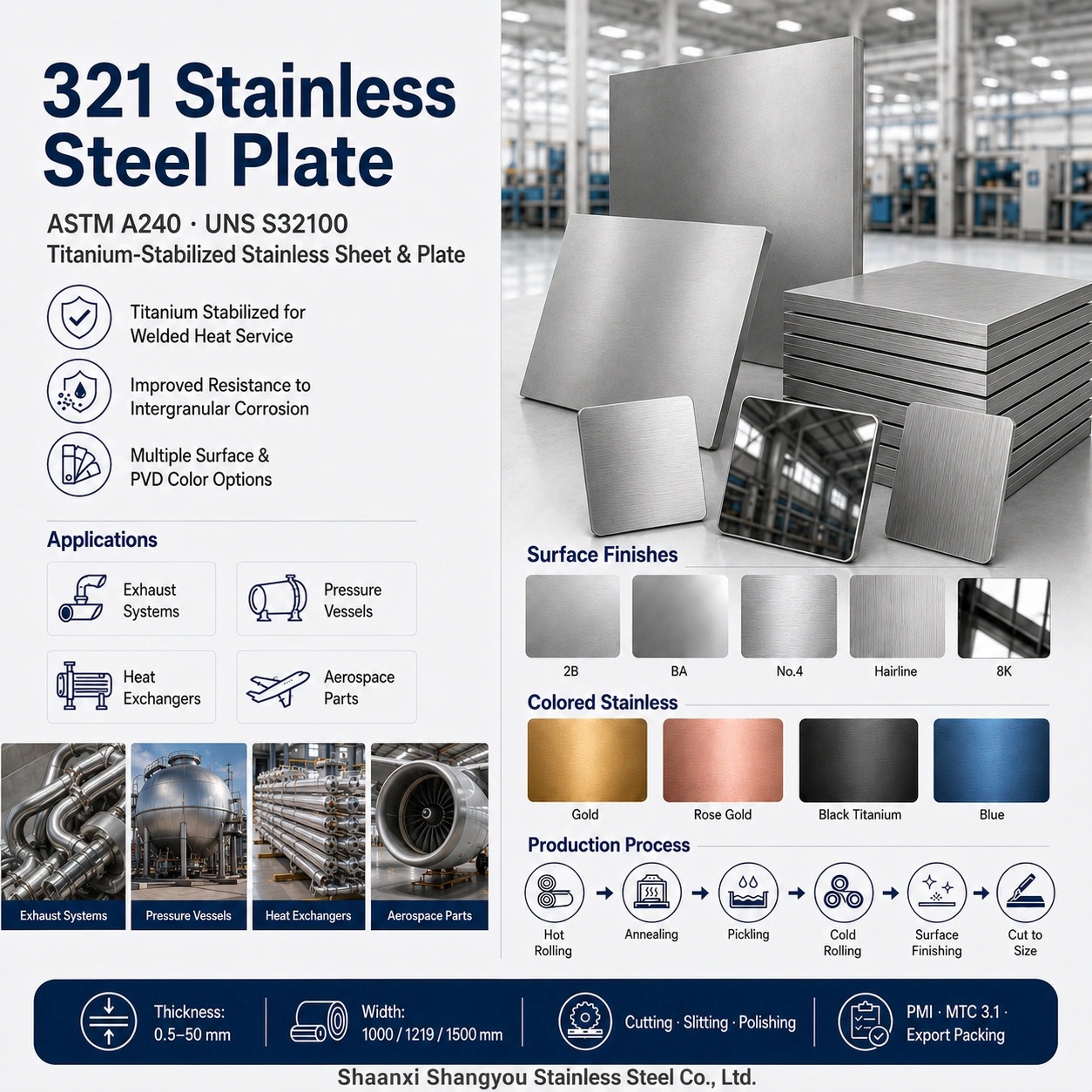 ASTM A240 321 Stainless Steel Plate UNS S32100 with Titanium Stabilization for Intergranular Corrosion Resistance