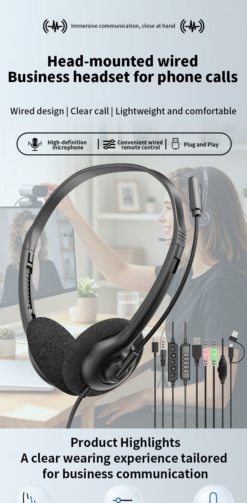 JTY-0123 Colorful Wired Head Mounted Telephone Headphones with Foldable Microphone Lightweight Online Learning Office Headphones Support Logo Color Plug OEM/ODM Private Model Customization