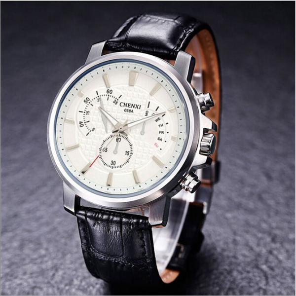 058A Business Man Big Wrist Wine Red Stainless Steel Case Back Top Quality Leather Watches