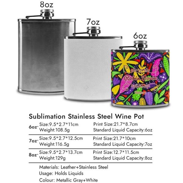 6oz 7oz 8oz Sublimation Hip Flask Custom Logo Men Liquor Hip Flasks PU Leather Stainless Steel Wine Pot Blanks