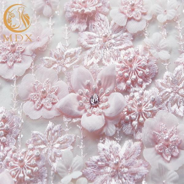 Excellent 3D Flower Lace Customized Embroidery 1 Yard Length Pink Floral Lace Fabric