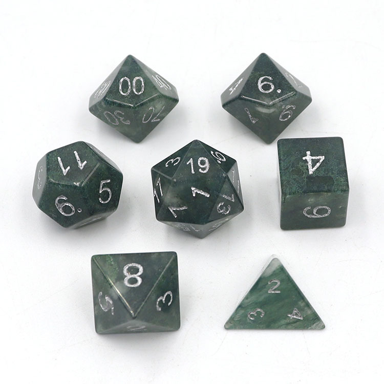 Natural Moss Agate Gemstone Polyhedral Dice Set - Hand Carved DND Dice with Silver Ink Engraved Numbers