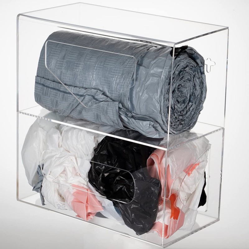 Wall-Mounted Clear Acrylic Kitchen Storage Box with Grocery Bag Holder and Garbage Bag Roll Dispenser for Bathroom Use