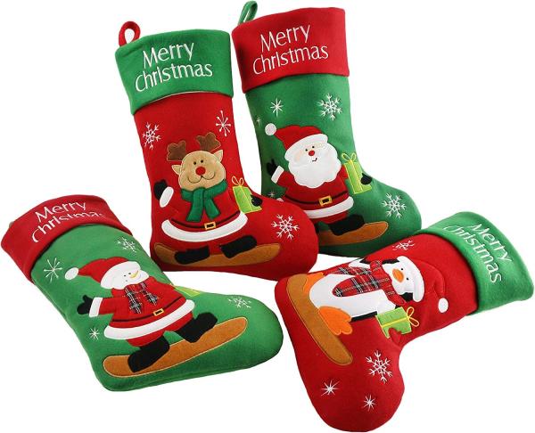 Pack Rustic Christmas Stockings, Penguin Snowman Claus Santa and Reindeer, Vintage Xmas Holiday Party Home Decorations