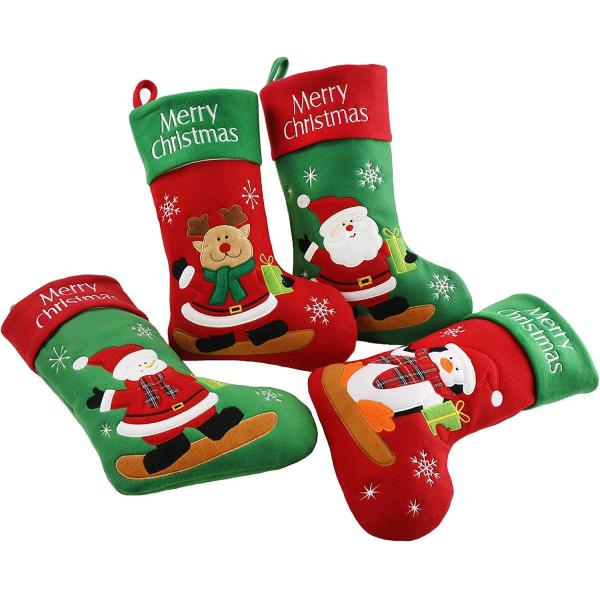 Pack Rustic Christmas Stockings, Penguin Snowman Claus Santa and Reindeer, Vintage Xmas Holiday Party Home Decorations