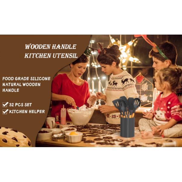 Stocked Silicone Kitchenware Cookware Sets With Wooden Handle Heat Resistant for OEM/ODM