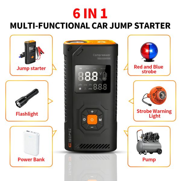 8000mah 10000mah 12000mah Portable Tire Inflators 12v Car Jump Starter Kit With Led Lights Battery Powered