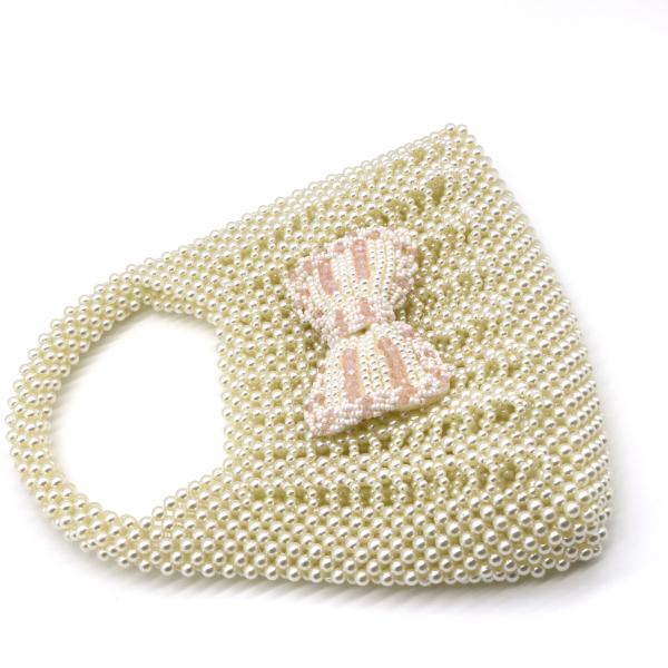 Handmade White Pearl Beaded Bag Bow Flower for Women 22×18×23cm