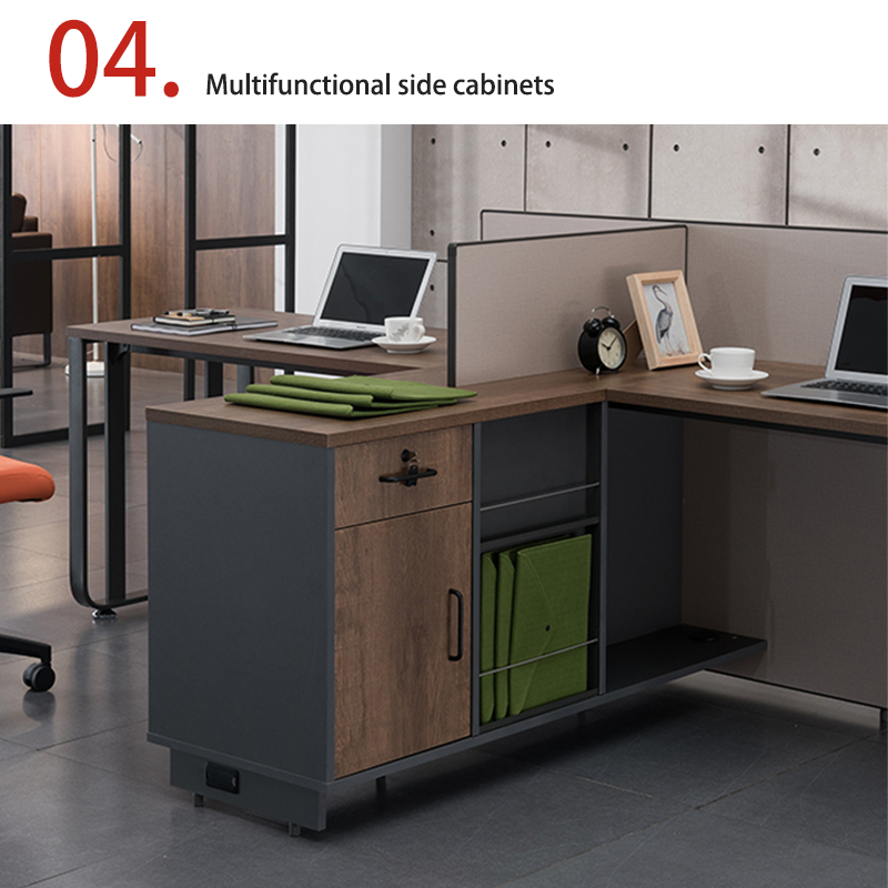 Two person office desk with steel leg storage side cabinet, staff desk made of melamine board material