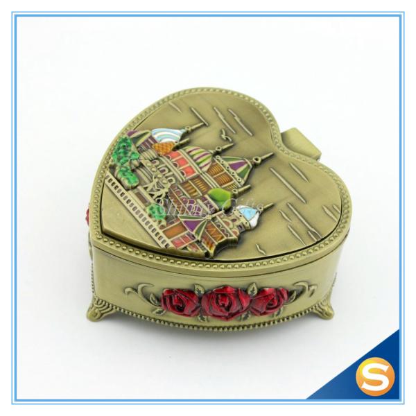 Castle Desgin Antique Brass Metal Heart Shape Jewelry Box